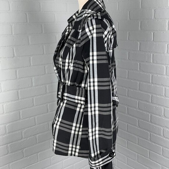 JouJou Jacket Women Small Black Gray White Plaid Trench Short Notch‎ Belt Cotton - Picture 3 of 12